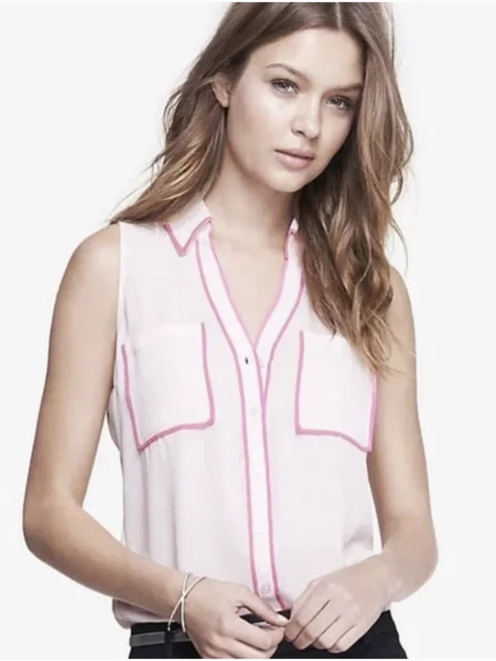 Express Light Pink Sleeveless Button-Down Blouse Portofino with Pink Trim Piping